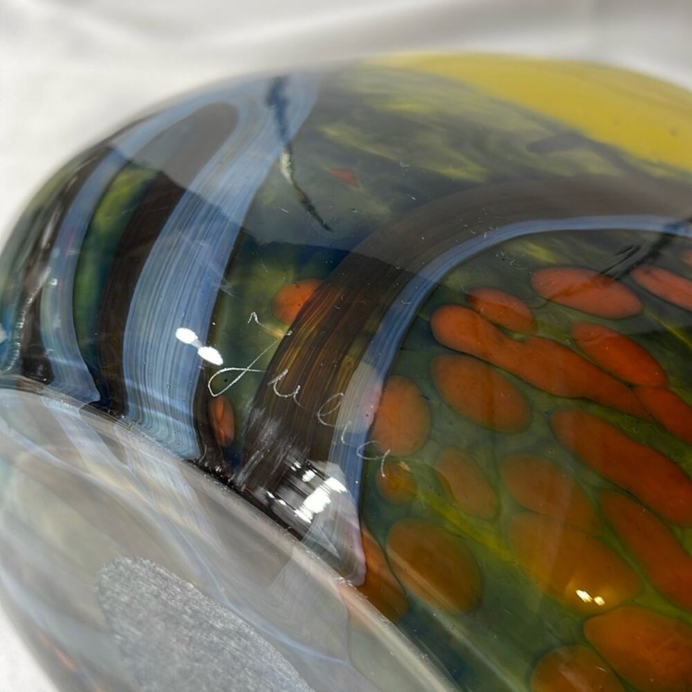 Signed Hand Blown  Glass Vase Yellow Blue Orange Oval By Romanian Artist - Picture 7 of 8